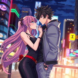 A modern anime scene featuring alluring characters in a romantic setting