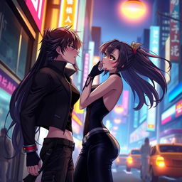 A modern anime scene featuring alluring characters in a romantic setting