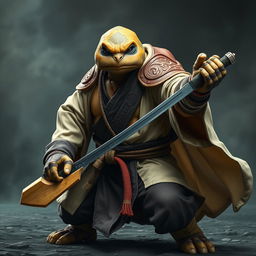 A striking adult tortle battle monk, poised in a powerful battle stance with a serious expression