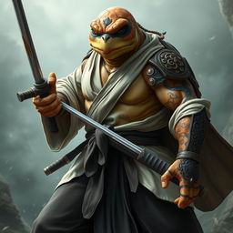 A striking adult tortle battle monk, poised in a powerful battle stance with a serious expression