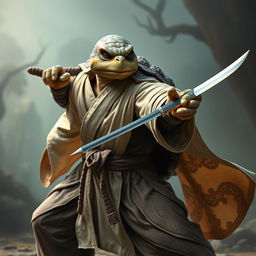 A striking adult tortle battle monk, poised in a powerful battle stance with a serious expression