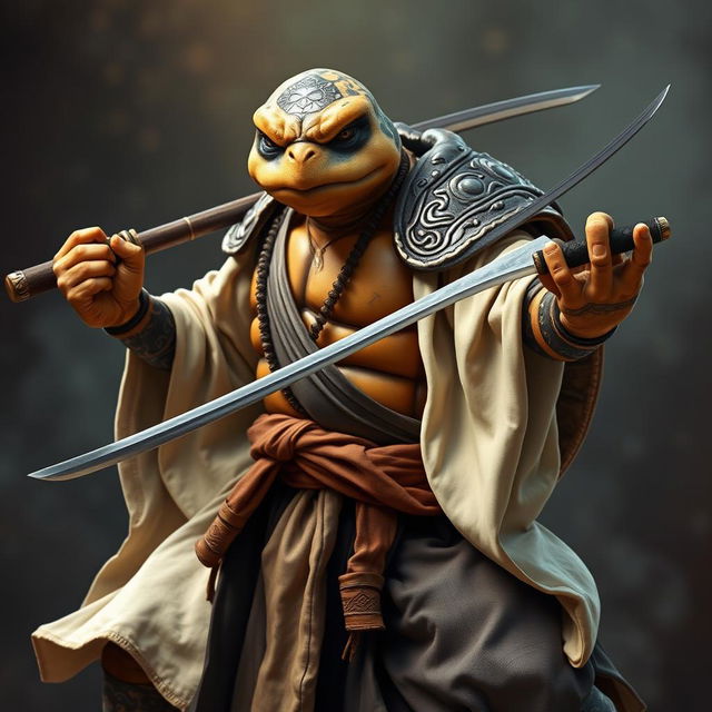 A striking adult tortle battle monk, poised in a powerful battle stance with a serious expression