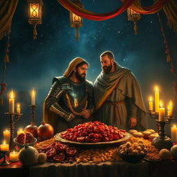 A beautiful historical painting depicting the figures of Surena and Yaqoub Leith Saffari together during the night of Yalda, surrounded by a festive atmosphere