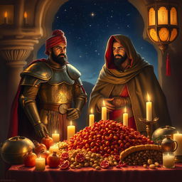 A beautiful historical painting depicting the figures of Surena and Yaqoub Leith Saffari together during the night of Yalda, surrounded by a festive atmosphere