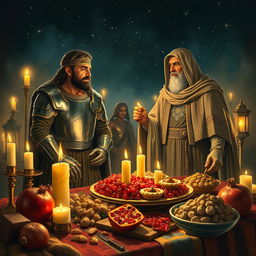 A beautiful historical painting depicting the figures of Surena and Yaqoub Leith Saffari together during the night of Yalda, surrounded by a festive atmosphere