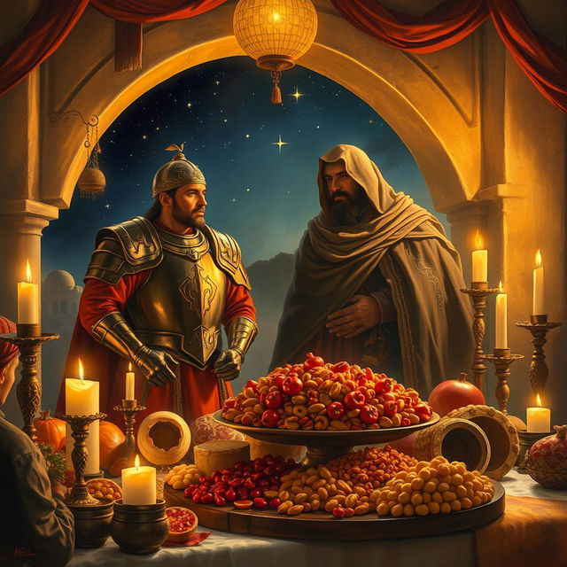 A beautiful historical painting depicting the figures of Surena and Yaqoub Leith Saffari together during the night of Yalda, surrounded by a festive atmosphere