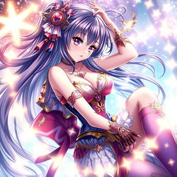 A stunning anime illustration featuring a beautiful character in a seductive pose, wearing intricate and vibrant attire