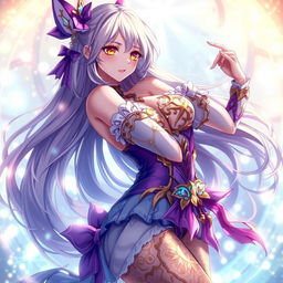 A stunning anime illustration featuring a beautiful character in a seductive pose, wearing intricate and vibrant attire