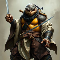 An imposing adult tortle battle monk, captured in a fierce battle stance with a serious demeanor