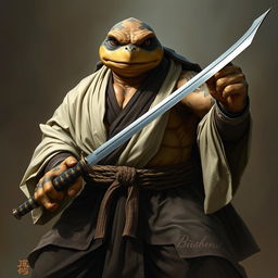 An imposing adult tortle battle monk, captured in a fierce battle stance with a serious demeanor