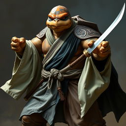 An imposing adult tortle battle monk, captured in a fierce battle stance with a serious demeanor