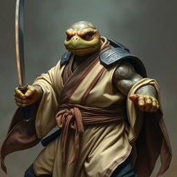 An imposing adult tortle battle monk, captured in a fierce battle stance with a serious demeanor