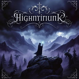 A dark high fantasy book cover featuring a brooding landscape with a stormy sky, jagged mountains in the background, and a mystical forest in the foreground