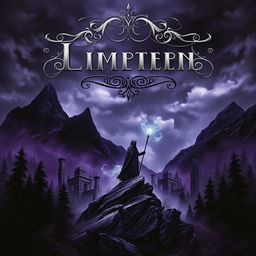 A dark high fantasy book cover featuring a brooding landscape with a stormy sky, jagged mountains in the background, and a mystical forest in the foreground