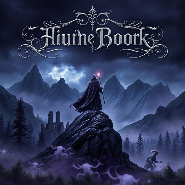 A dark high fantasy book cover featuring a brooding landscape with a stormy sky, jagged mountains in the background, and a mystical forest in the foreground