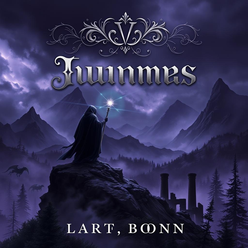 A dark high fantasy book cover featuring a brooding landscape with a stormy sky, jagged mountains in the background, and a mystical forest in the foreground