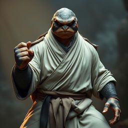 A strong adult tortle battle monk, captured in a fierce battle stance with a serious expression