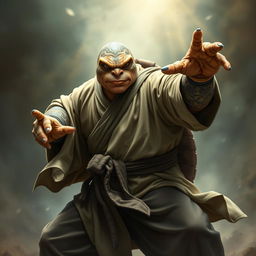 An impressive adult tortle battle monk, captured in a dynamic battle stance with a serious and focused expression