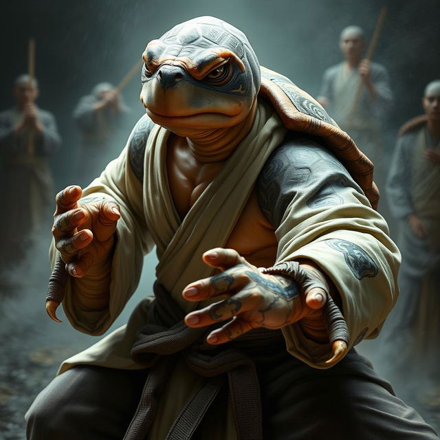 An impressive adult tortle battle monk, captured in a dynamic battle stance with a serious and focused expression