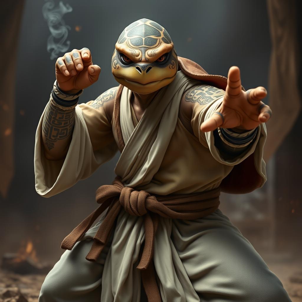 An impressive adult tortle battle monk, captured in a dynamic battle stance with a serious and focused expression