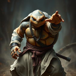 An impressive adult tortle battle monk, captured in a dynamic battle stance with a serious and focused expression