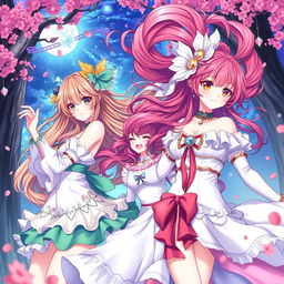Anime illustration featuring beautiful young women in a fantasy setting, with emphasis on their intricate hairstyles, vibrant colors, and dynamic poses, evoking a sense of allure and charm without explicit nudity