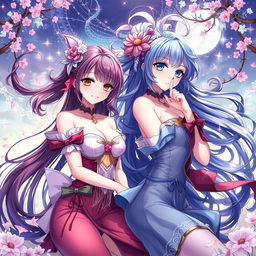 Anime illustration featuring beautiful young women in a fantasy setting, with emphasis on their intricate hairstyles, vibrant colors, and dynamic poses, evoking a sense of allure and charm without explicit nudity