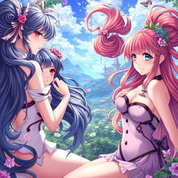 Anime illustration featuring beautiful young women in a fantasy setting, with emphasis on their intricate hairstyles, vibrant colors, and dynamic poses, evoking a sense of allure and charm without explicit nudity