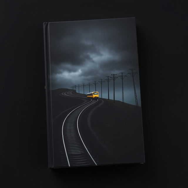 A striking black book cover featuring a railway track snaking up a hill under a dark sky, with a bright yellow train halted on the tracks