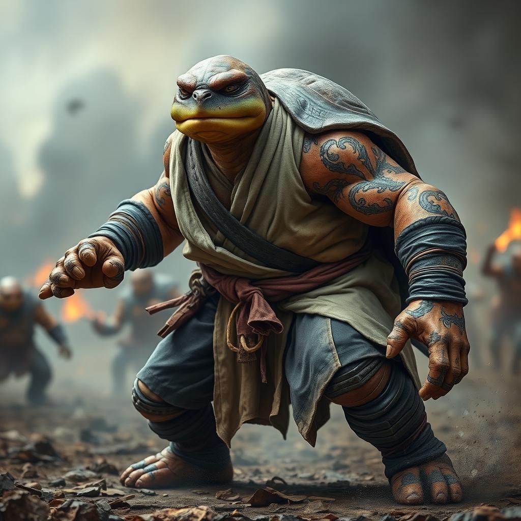 A formidable adult tortle barbarian, poised in a powerful battle stance with a serious expression