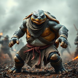 A formidable adult tortle barbarian, poised in a powerful battle stance with a serious expression