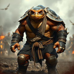 A formidable adult tortle barbarian, poised in a powerful battle stance with a serious expression