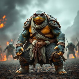 A formidable adult tortle barbarian, poised in a powerful battle stance with a serious expression