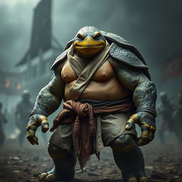 An adult tortle barbarian, standing in a fierce battle stance with a serious expression on his face
