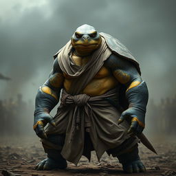 An adult tortle barbarian, standing in a fierce battle stance with a serious expression on his face