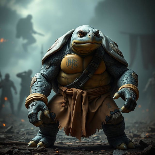 An adult tortle barbarian, standing in a fierce battle stance with a serious expression on his face