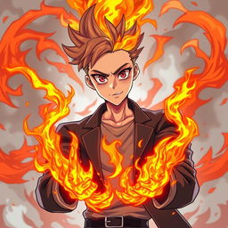 A man with his hands engulfed in spectacular flames, showcasing intricate fire details that blend dynamic movement and energy