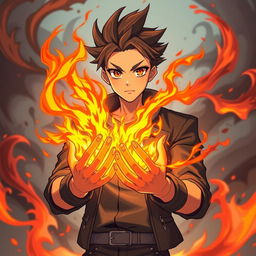 A man with his hands engulfed in spectacular flames, showcasing intricate fire details that blend dynamic movement and energy