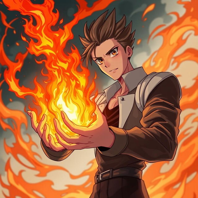 A man with his hands engulfed in spectacular flames, showcasing intricate fire details that blend dynamic movement and energy