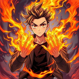 A man with his hands engulfed in spectacular flames, showcasing intricate fire details that blend dynamic movement and energy