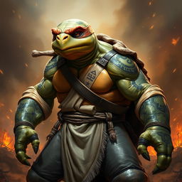 A mature tortle barbarian, depicted in a powerful and serious battle stance, radiating strength and confidence