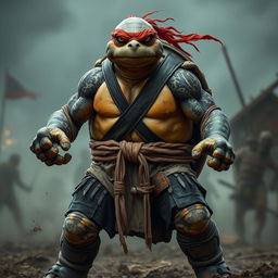 A mature tortle barbarian, depicted in a powerful and serious battle stance, radiating strength and confidence