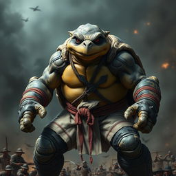 A mature tortle barbarian, depicted in a powerful and serious battle stance, radiating strength and confidence