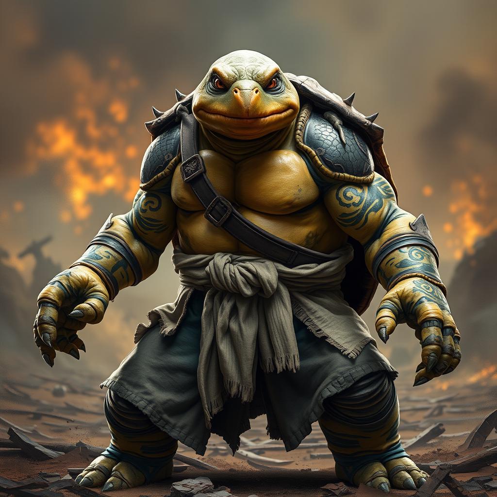 A mature tortle barbarian, depicted in a powerful and serious battle stance, radiating strength and confidence