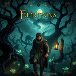 A shadowy, mysterious, and adventurous high fantasy book cover depicting an enchanted forest with twisting trees and glowing, luminescent plants