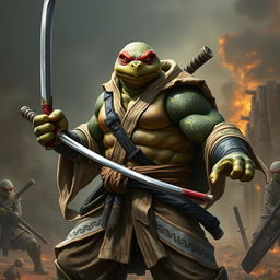An adult tortle barbarian, depicted in a fierce battle stance with a serious expression, holding a katana in one hand