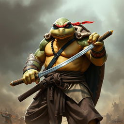 An adult tortle barbarian, depicted in a fierce battle stance with a serious expression, holding a katana in one hand