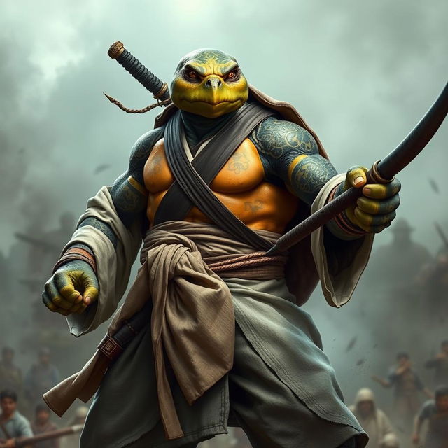 An adult tortle barbarian, depicted in a fierce battle stance with a serious expression, holding a katana in one hand