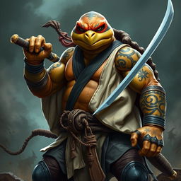 An adult tortle barbarian, depicted in a fierce battle stance with a serious expression, holding a katana in one hand