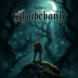 A shadowy and adventurous fantasy book cover featuring a dense, mystical forest shrouded in mist
